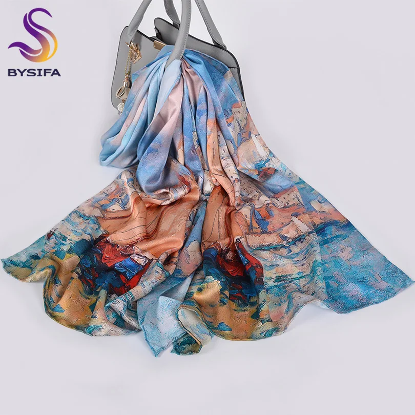 

[BYSIFA] Pure Silk Scarf Foulard Fashion Oil Painting Women Long Scarves Shawls Luxury Brand Blue Khaki Neck Scarf Hijab175*52cm