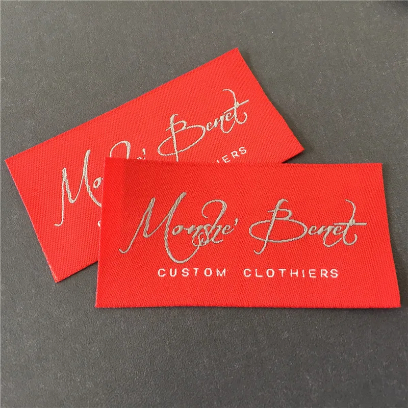 Customized 4*7.8cm Thick Cloth Straight Cutting Garment Woven Labels in Red Background with Grey Name and white letters