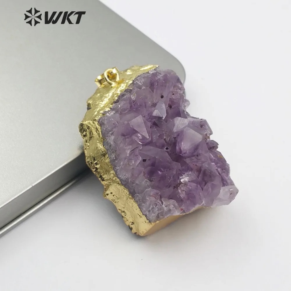 WT-P1438 Natural Uraguay Purple Crystal Pendant Raw Quartz With Gold Bezel Amethysts Charms Jewelry For Women Necklace Making