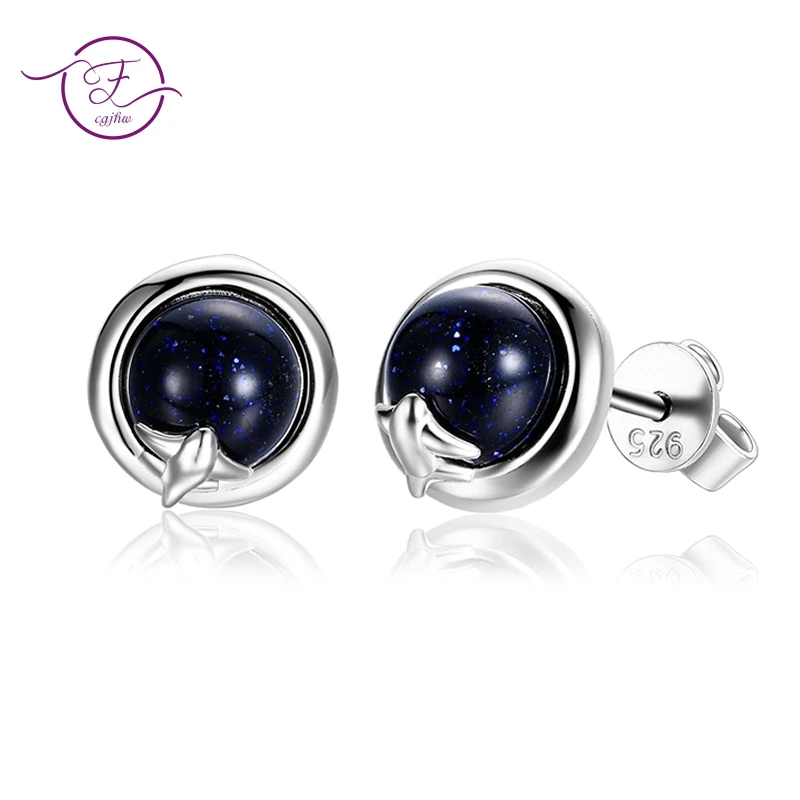 100% 925 Sterling Silver Round Outer Space Stud Earrings Blue Sand Stones Silver Earrings for Women Party Wedding Jewelry