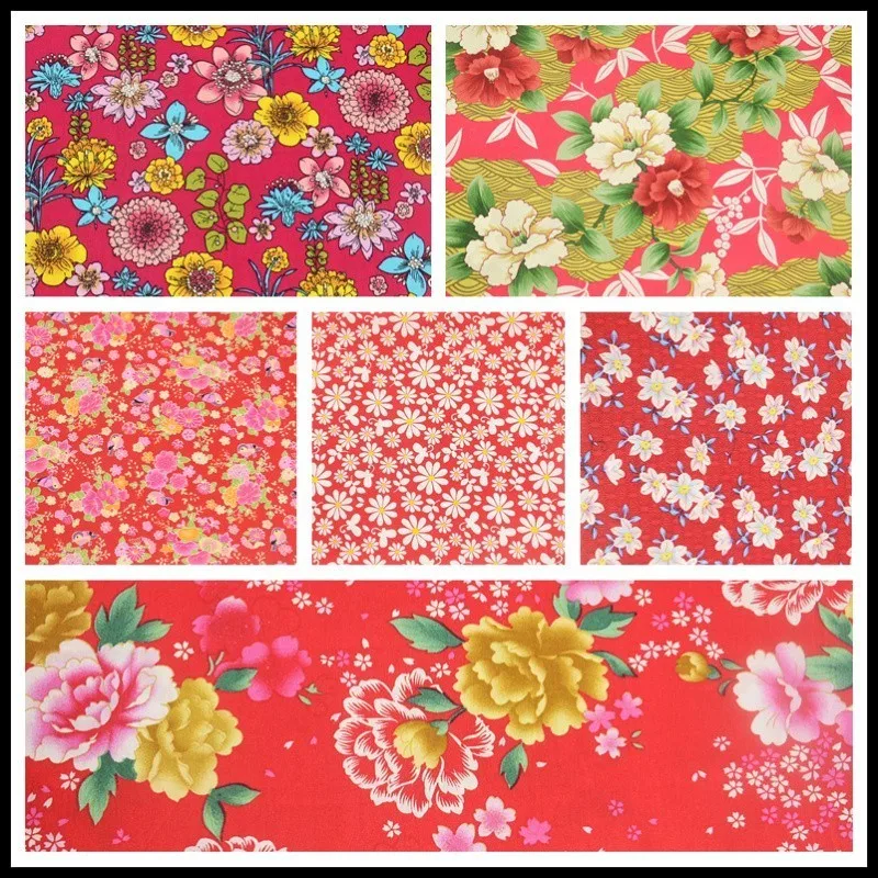 Teramila Cotton Poplin Fabrics 6PCS/Lot Mix Sewing Chinese Red Flower Pre-cut Cloth Fat Quarter Meter Bundle Dress Quilting