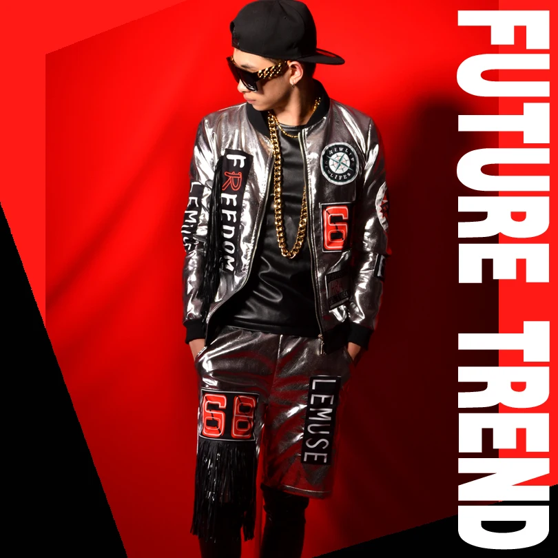 Summer 2023 Men's DJ Singer Fashion Coats Tassels PU Baseball Uniform Hiphop Jacket Male Plus Size Costumes Motorcycle Clothing