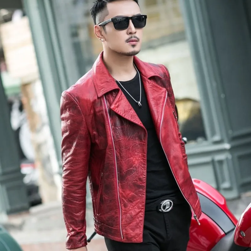 New Mens Luxury Sheepskin Genuine Leather Jacket Slim Fit Motorcycle Leather Jacket Men Punk Designer Red Outwear Coat 4XL