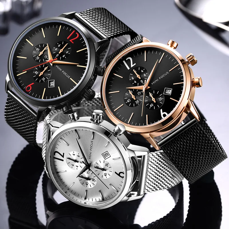 MINI FOCUS Men Classic Quartz Watches Stainless Steel Mesh Bracelet Chronograph Waterproof Wristwatch Man Relogios 0185G Silver