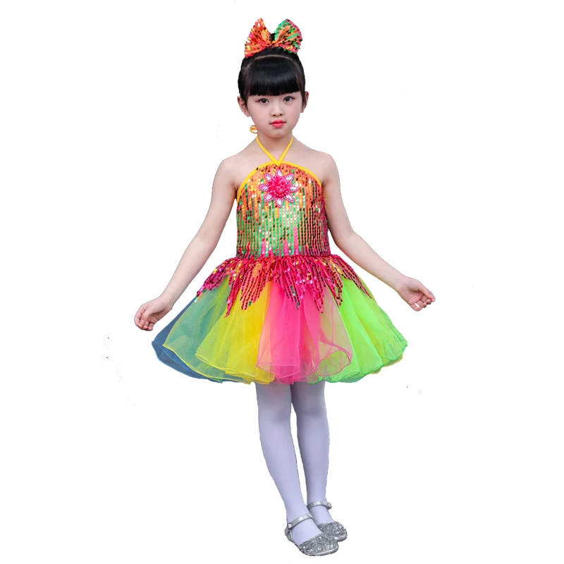 Kid boy girl dance colorful rainbow sequins glitter jazz costume dress clothes hip hop dance stage costume clothing tutu