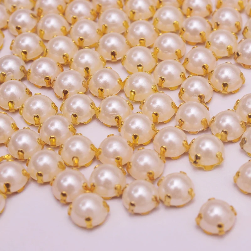 Multi Sizes Ivory Pearl with Silver/Gold Claw Pearl Sewing Round Flatback beads For Wedding Dress Accessory DIY Crafts