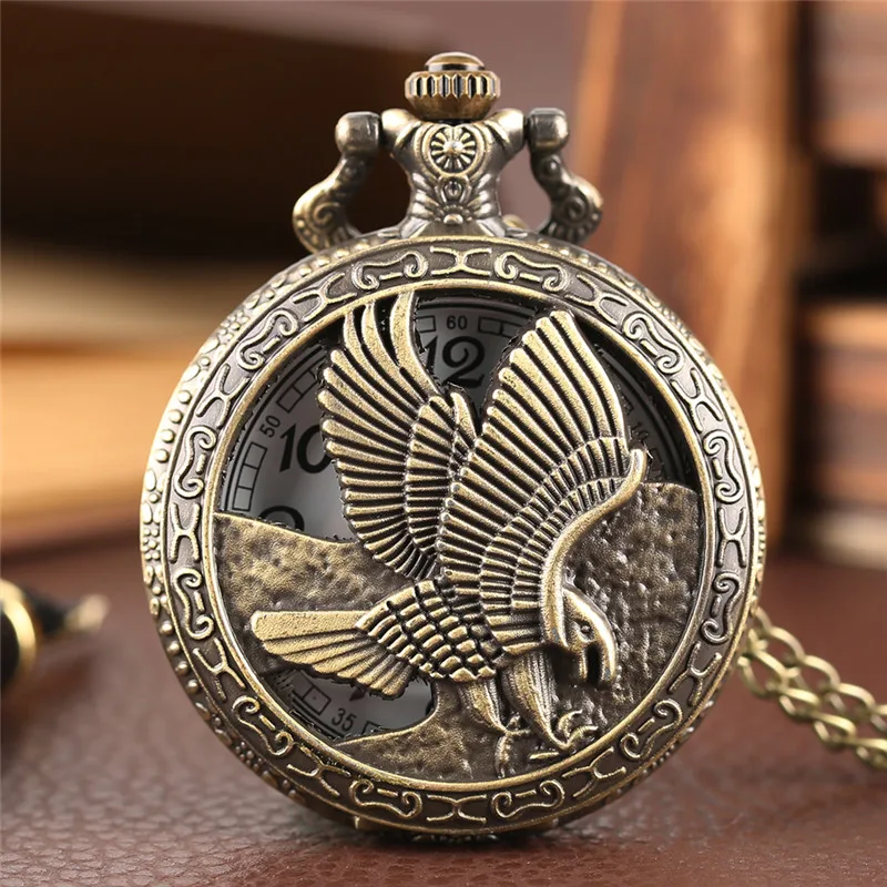 Eagle Pocket Watch Hollow Flying Hawk Falcon Carving Slim Necklace Antique Animal Clock Best Gift for Boys Children Men New Year