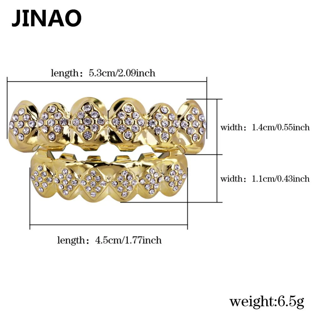 JINAO New Fit Gold Color Plated Iced Out Crystal Top & Bottom Teeth Grillz With Silicone Halloween Christmas Gift
