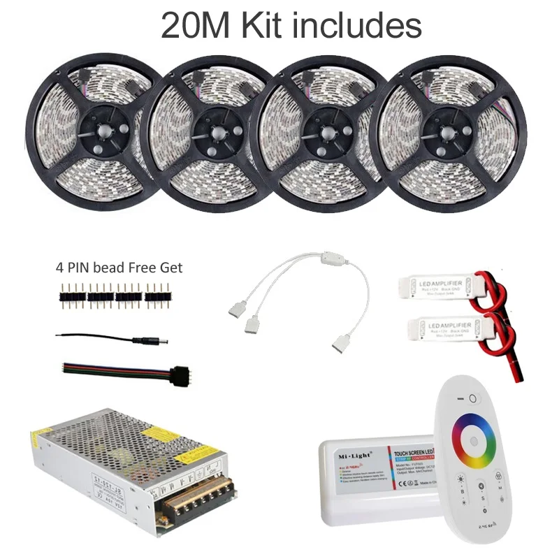 5M 10M 15M 20M Led Strip RGB Waterproof 5050  SMD 60 leds/m Tape DC 12V + RF Remote Dimmable Controller + Power Adapter 1Set