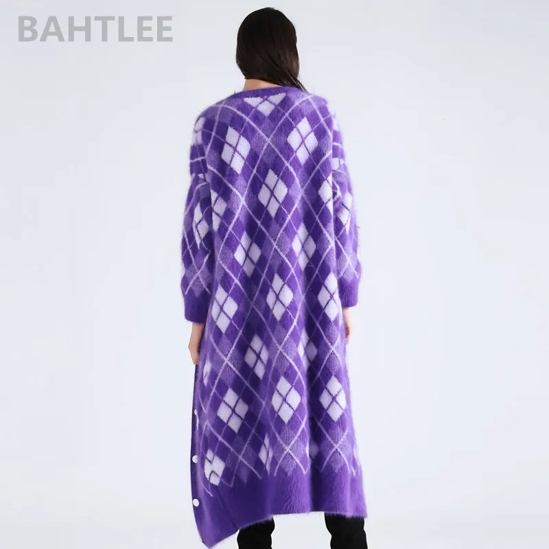 BAHTLEE-Women\'s Angora Surper Long Cardigans, Knitting Sweater, Mink Cashmere, Loose, Keep Warm, Geometric Pattern, Pocket, Wint