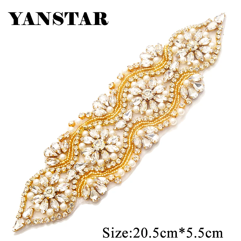 

YANSTAR (10pcs) Wholesale Clear Rose Gold Crystal Rhinestonesd Appliques Patch Iron On Wedding Gown Belt DIY YS841