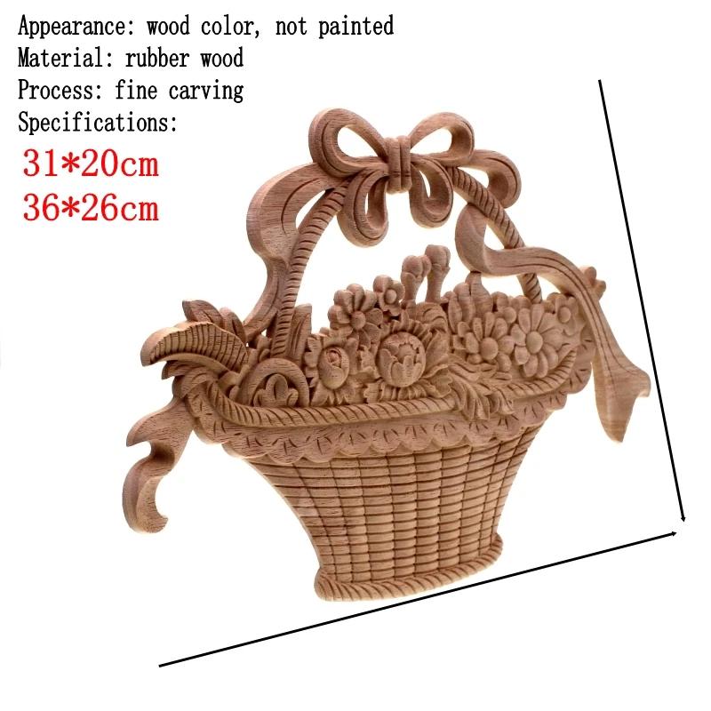 RUNBAZEF Solid Wood Applique Rose Carving Flower Basket European Style Furniture Patch Home Decor Wedding Decoration Miniature