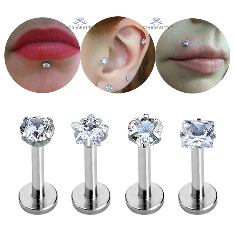 4 unids/lote caliente 16G redondo nariz Piercing Labret claro corazón estrella oreja labio Piercing cuadrado nariz anillo cartílago Tragus Pircing extremo plano