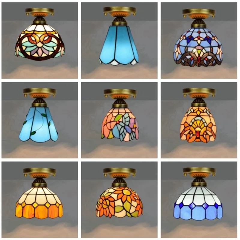 Colorful Stianed Glass Ceiling Light Vintage Retro Mediterranean Ceiling Lamps Aisle Corridor LED e27 Balcony Lamp Lighting