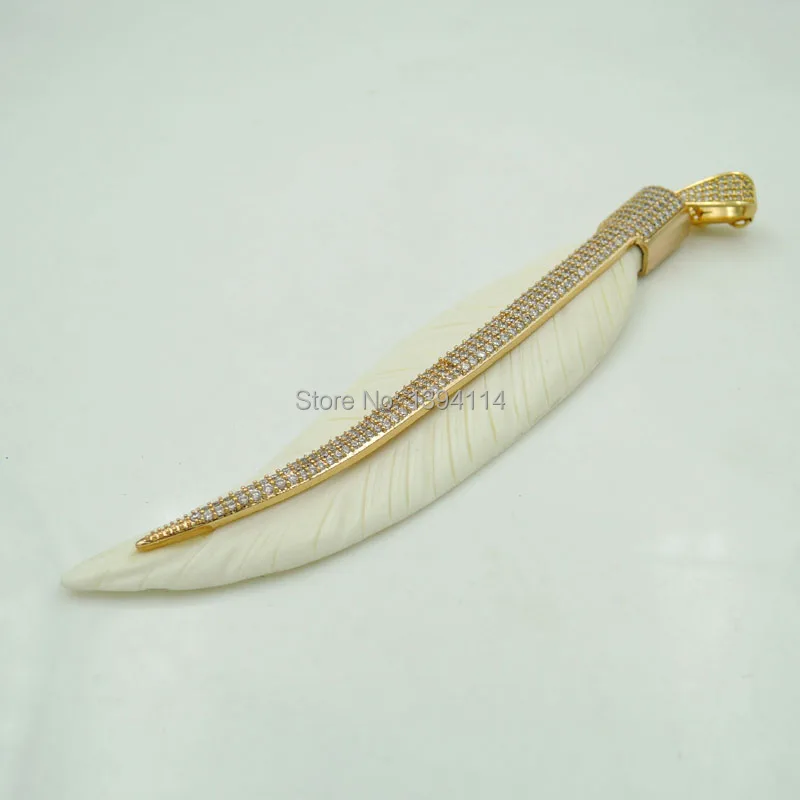 Micro Pave Clear CZ Ox Bone Carved Leaf Pendant Of Gluing Brass Petiole Cap Approx 110*25*7mm