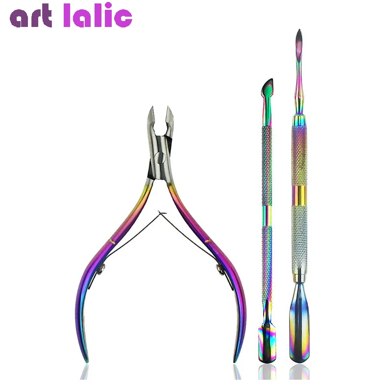 3Pcs Titanium Rainbow Nail Art Tools Kit - Cuticle Nipper Pusher Tweezer Oil Dead Skin Remover for Salon Spa Home Use