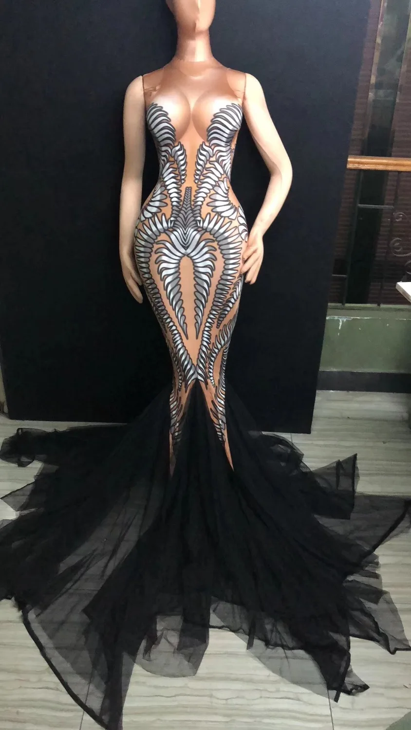 Black Mesh Trains Long Dress Performance Stretch Dance Dress Birthday Celebrate Outfit Nightclub Party Singer Costume Dress