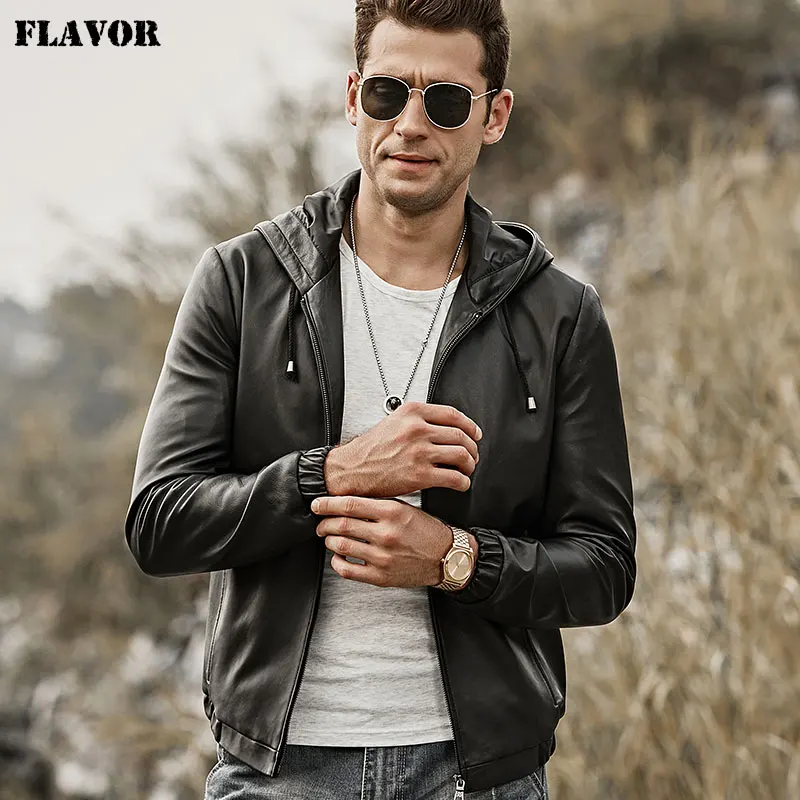 FLAVOR Men's Real Leather Jacket Hoodie Lambskin Genuine Nappa Leather Coat with Hood