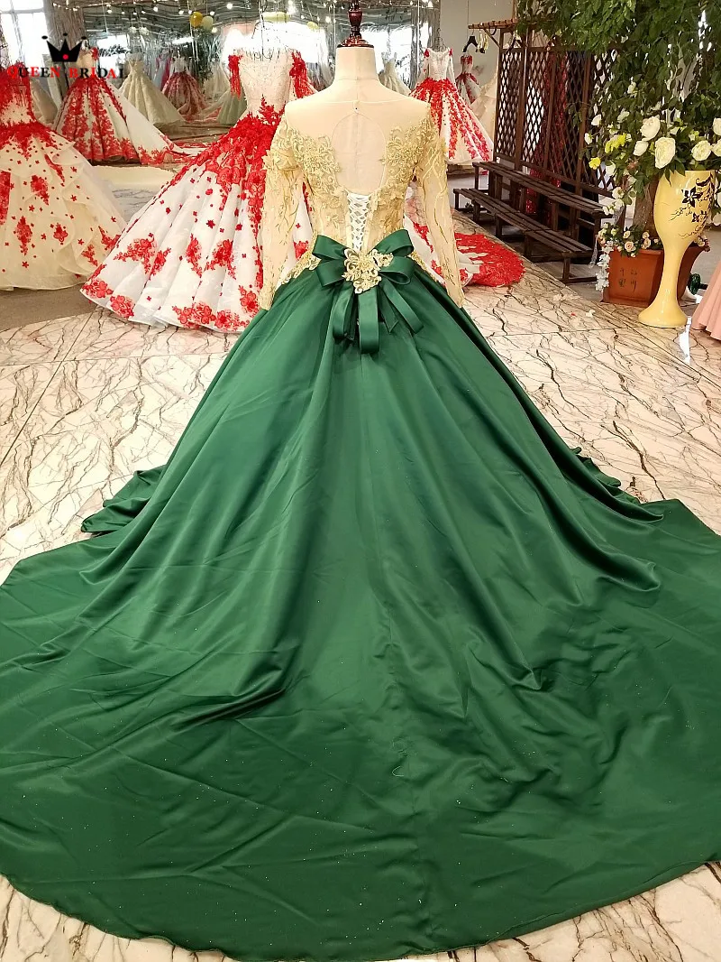 Ball Gown Long Sleeve Satin Beading Appliques Luxury Green Evening Dresses 100% Real Evening Gown 2021 Vestido De Festa KC59