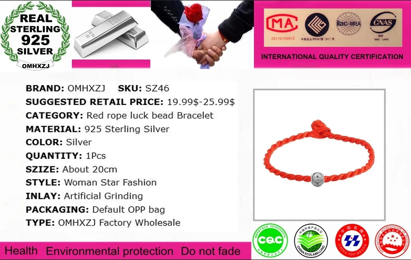 OMHXZJ Wholesale Fashion present High Quality Red rope luck bead Exquisite 925 Sterling Silver Gift Women Bracelets Bangles SZ46