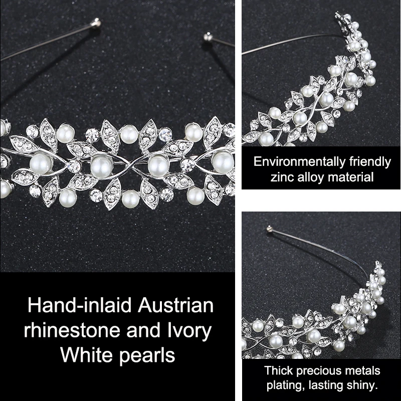 Miallo Rhinestone Pearls Crown Headband Vintage Crystal Bridal Tiaras Wedding Hair Jewelry Leaves Princess Diadem for Women