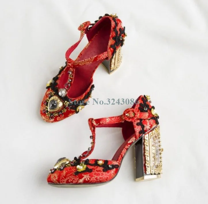 Round Toe Jewelry Flower Mary Janes Shoes Hollow Out Flower Crystal Heel Pumps Red Black Blue Satin Thick Heel Banquet Shoes