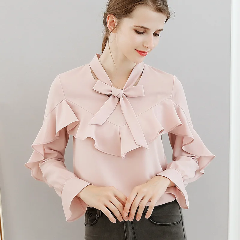 Camisa feminina chiffon de manga comprida, blusa com laço de cor pura elegante feminina para primavera e verão h9080