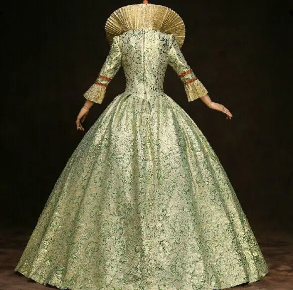 100%real fan collar luxury venice carnival gown golden floral queen Medieval Renaissance Gown queen Dress Victorian Belle ball