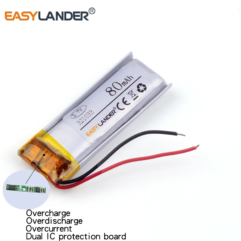 Bateria do polímero do Li-íon para o brinquedo pequeno, recarregável, lítio, MP4, MP5, MP3, Bluetooth, pena da gravação, 3.7V, 321033, 80mAh, 10 PCes pelo lote