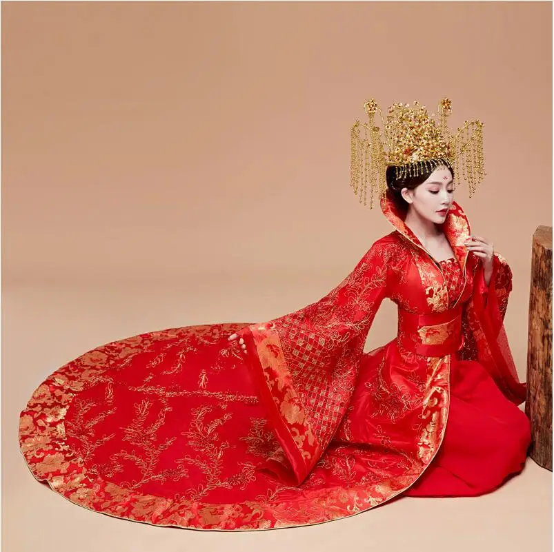 

Quality Clothes Original Imperial Princess Hanfu costume Red Tail Outfit Broad-sleeved Domineering Chinese Queen's Wedding Dress