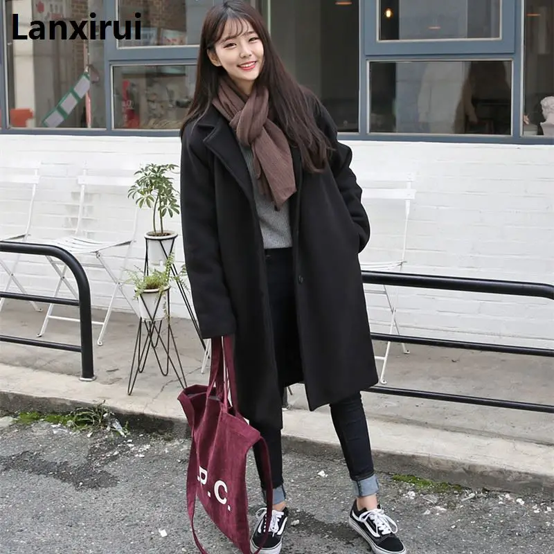 

Winter Women Casual Coat Fashion Female Pockets Jackets Large Size Long Woolen Womens Outerwear Females Overcoat Korean Style