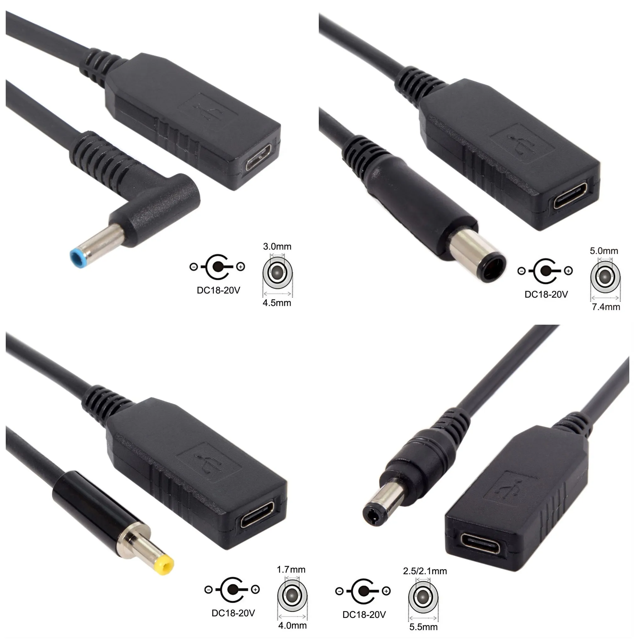 30CM USB 3.1 Type C female to DC 20V 5.5x2.1mm 4.0x1.7mm 4.5x3.0mm 7.4x5.0mm 11x5mm Power Plug PD Emulator Trigger Charge Cable