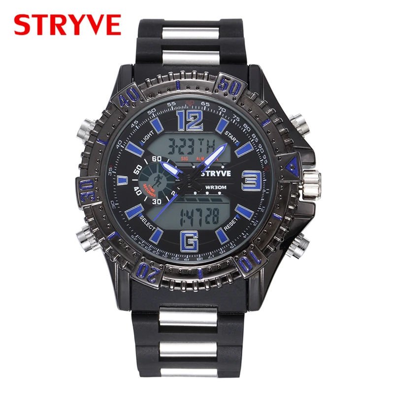 Stryve S8004 Wristwatches Men Large Dial Waterproof Dual Display Quartz Digital Clock Men Luxury Sports Watch Box include reloj