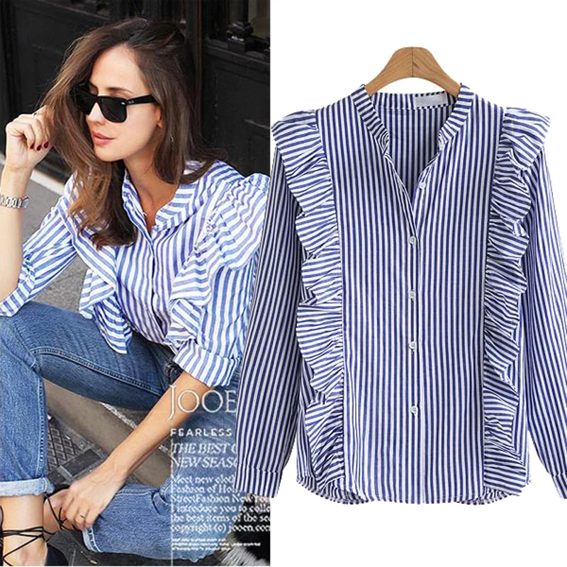 2018 New Autumn Women Blouse Vertical Striped Stand Collar Long Sleeve Shirts Women Casual Ruffles Tops