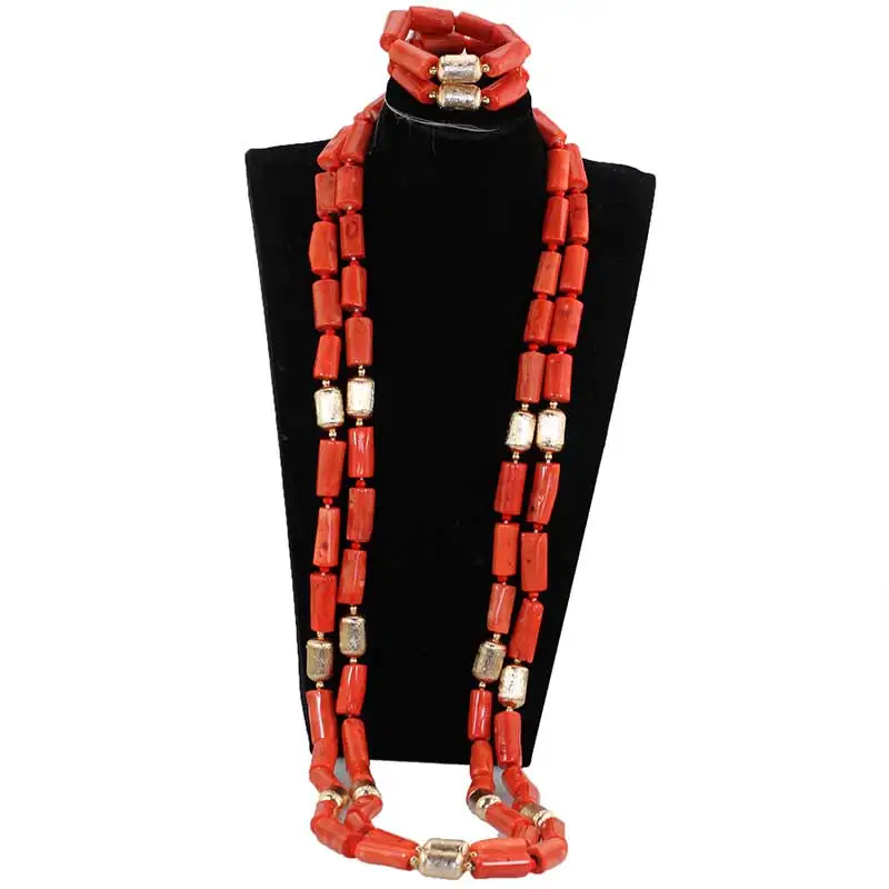 Luxury 4 Layers Real Nigerian Coral Beads Jewelry Set Big Coral Bead Heavy Bold Statement Bridal Necklace Set New ABH904