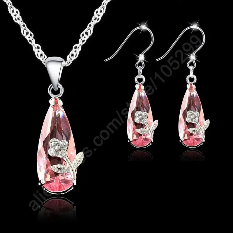 

Jewelry Set 925 Sterling Silver Austrain Crystal Pendant Necklace+Hook Earrings Sets Crystal Jewelry Sets Fashion