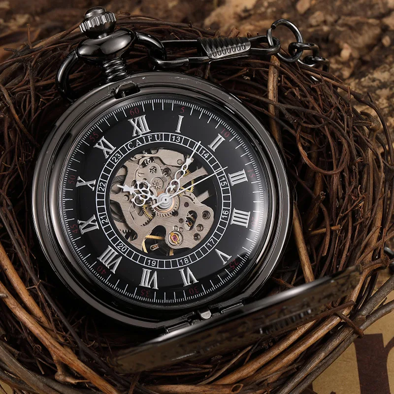 Steampunk Black Mechanical Pocket Watch Large Eagle Vintage Skeleton Pocket & Fob Watch Men Wome Hollow Pendant Watch Box Gift