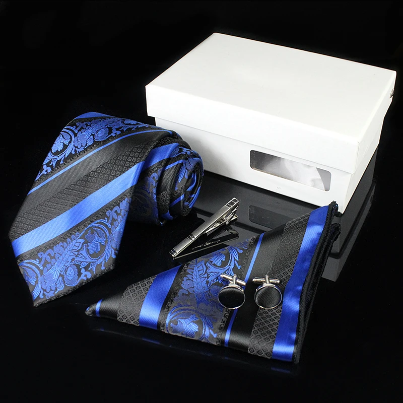 KAMBERFT Luxury Ties for Men Paisley Silk Jacquard Woven Tie Handkerchief Cufflinks&clips Gift Box Set  Wedding Party Neck tie