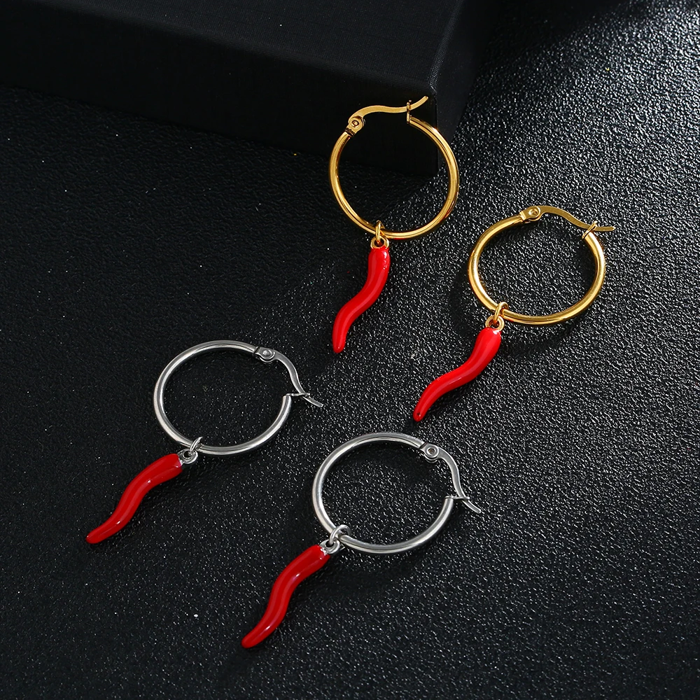 

Fashion Trendy silver/gold color 316L stainless steel Chili Earring Red Color Enamel Chili Hanging Earrings Women Jewelry Gift