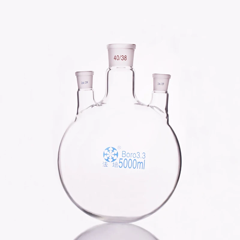 

Three-necked flask straight shape,with three necks standard ground mouth,Capacity 5000ml,Middle joint 40/38,lateral joint 24/29