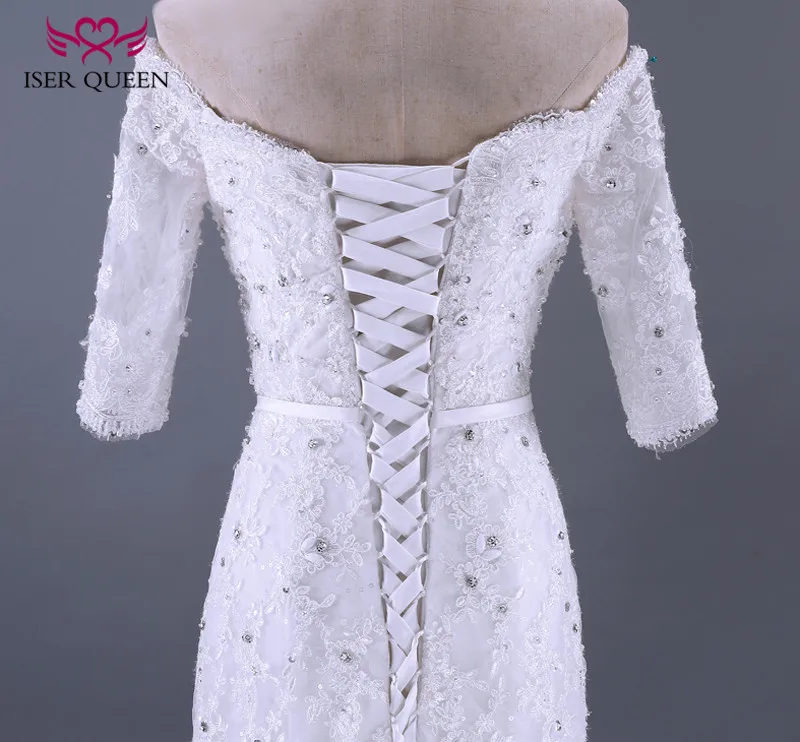 الزنانير المخصصة مع القوس نصف كم حورية البحر فساتين الزفاف الدانتيل يزين حجم كبير فستان الزفاف النساء WX0084 #5