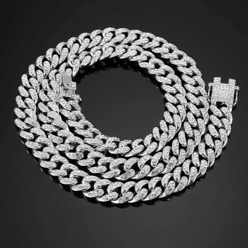 News Arrival Mens Miami Curb Cuban Chain Necklace Bling Iced Out With Luxury Box Rhinestone Clasp Lock Necklace Drop Shipping