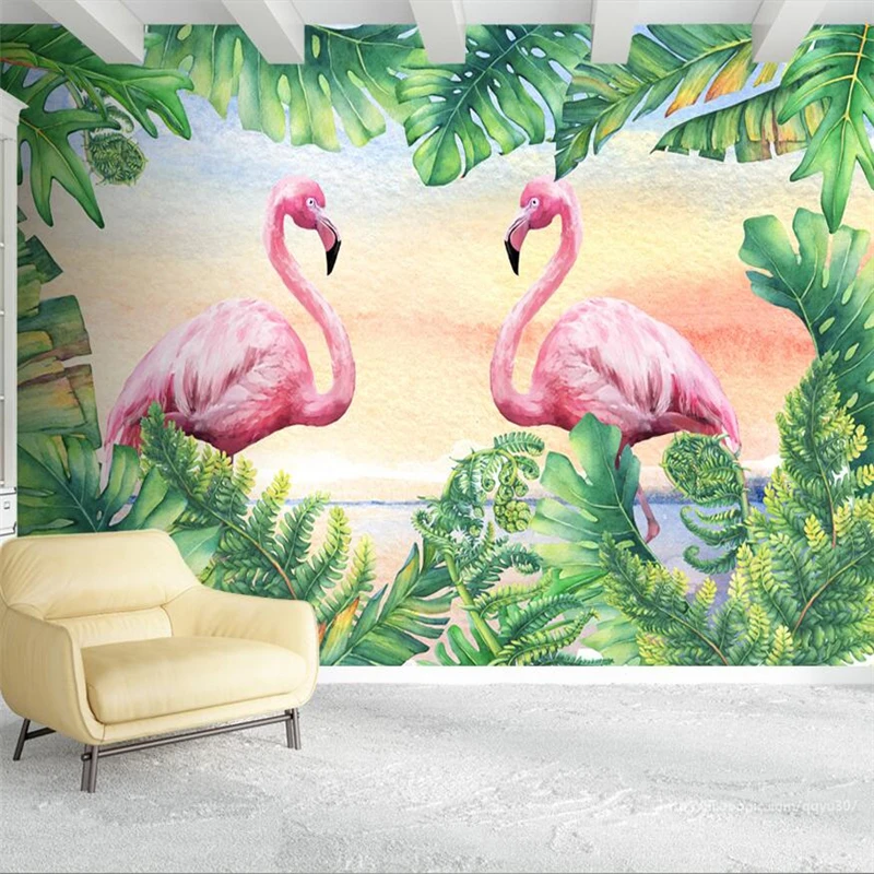 

wellyu papel de parede Custom wallpaper Nordic Flamingo Green leaf plant hand painted wall background wallpaper 3d behang