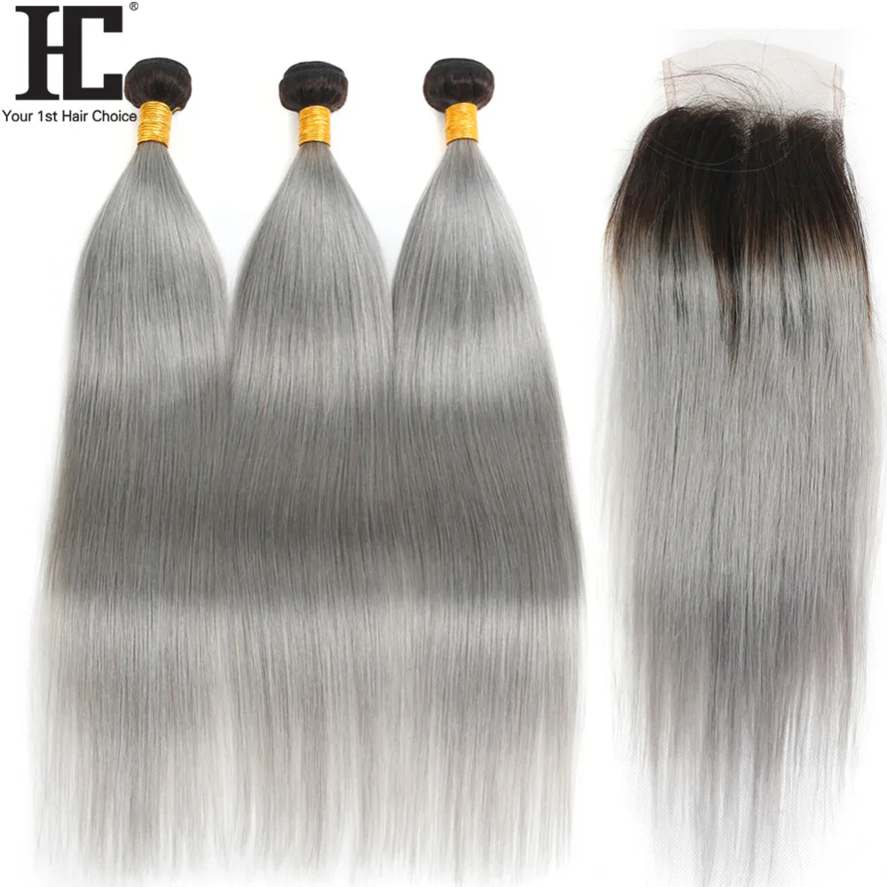 

HC 1B/Grey Brazilian Straight Hair Bundles With Closure 4 Pcs Ombre Bundles With Closure Remy Human Hair Extensions With Closure