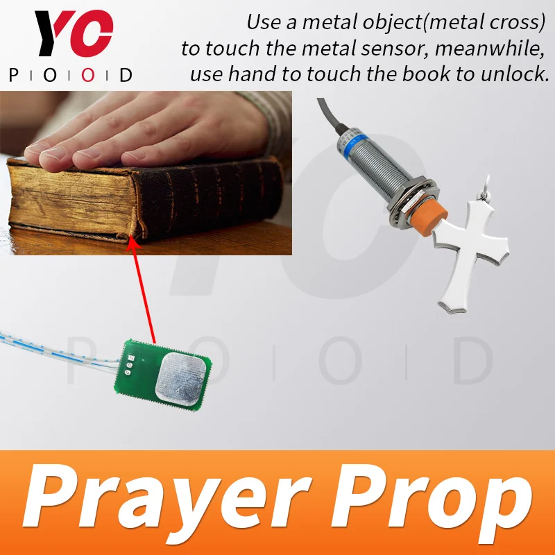 Pray prop escape room puzzle supplier use hand to touch the Bible book and metal object to touch metal sensor to unlock YOPOOD