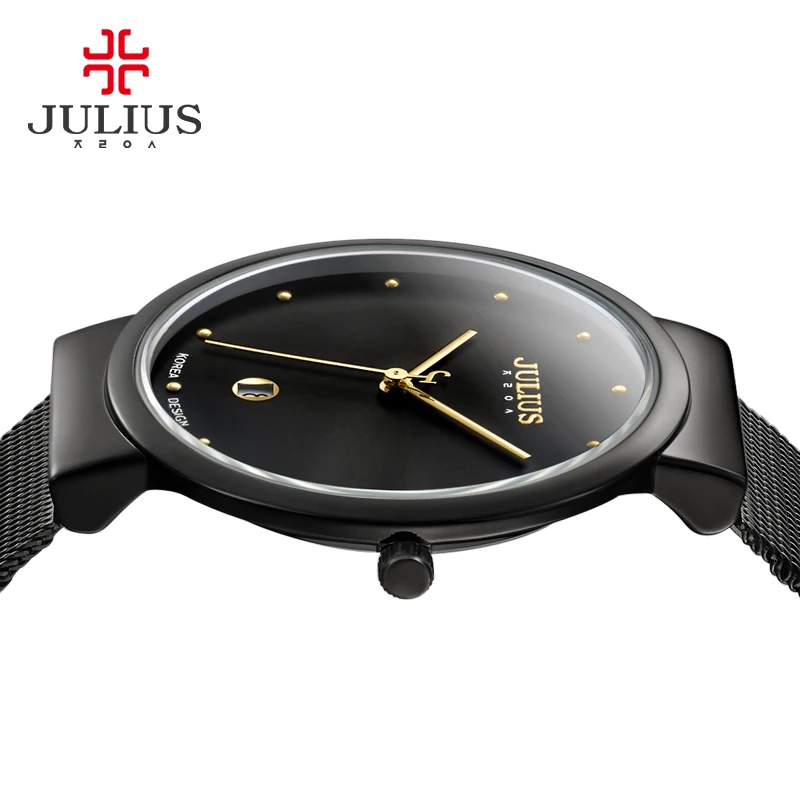 JULIUS JA-426 Men\'s Silver Gold Brown Black Mesh Stainless Steel Quartz Analog Diamante Dial Fashion Casual Waterproof Watch