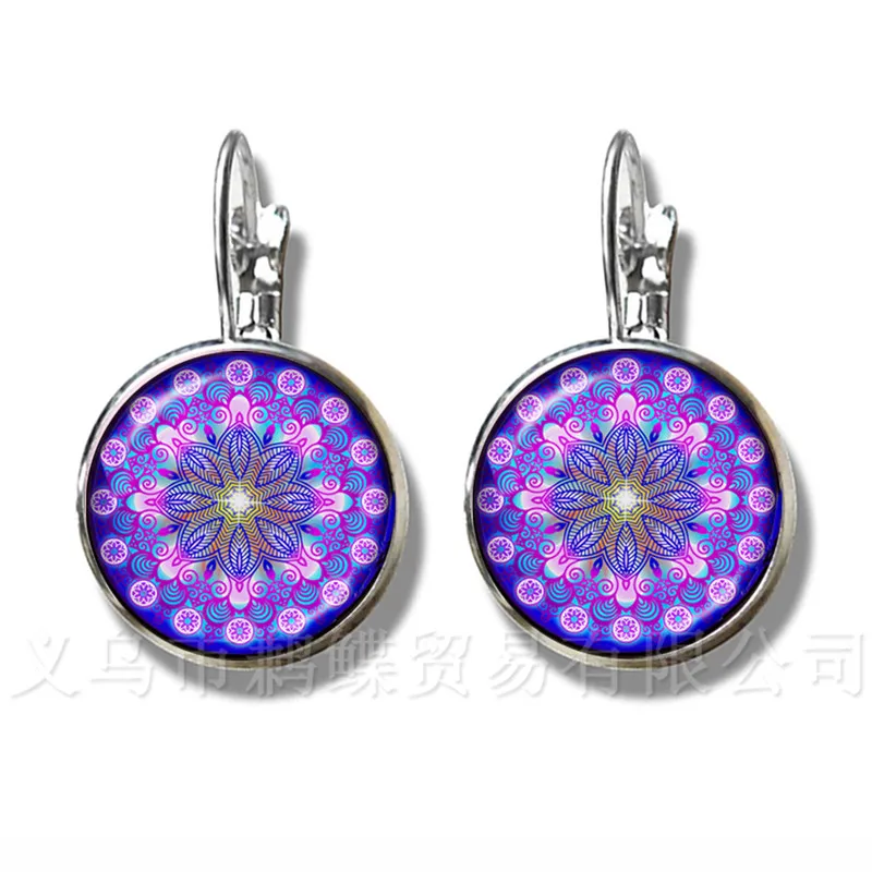 Classic Indian Henna Yoga Earrings Om Symbol Buddhism Zen Colorful Mandala Flower Silver Plated Stud Earrings For Women