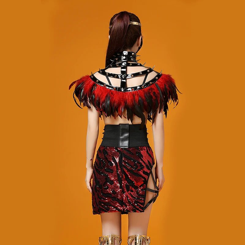 أسود أحمر ريشة الترتر فستان زي حفلة موسيقية ارتداء الزي عيد ميلاد مساء حفلة الكتف تنورة ملهى ليلي المرأة ملابس السهرة