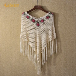 New Summer Women High-grade Crochet Hook Flower Fringed Cloak Knitting Novelty Tassel Hollow Out Female Irregular Poncho Shawl