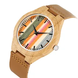 Fresh Stripes 12-Hours Display Wood Watch Mens Quartz Watches Brown Genuine Leather Watch Strap Hot Fashion Wooden Clock 2019